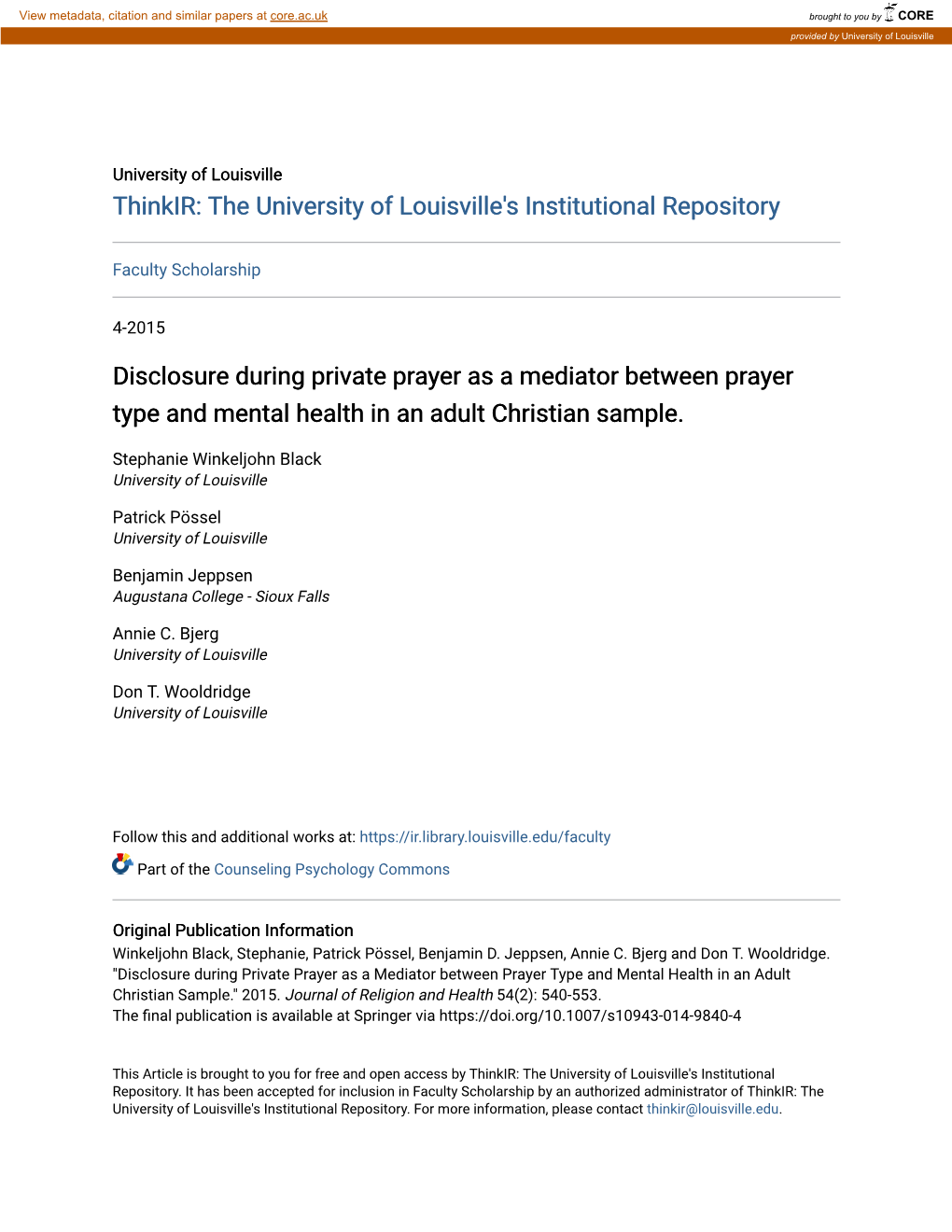 Disclosure During Private Prayer As a Mediator Between Prayer Type and Mental Health in an Adult Christian Sample