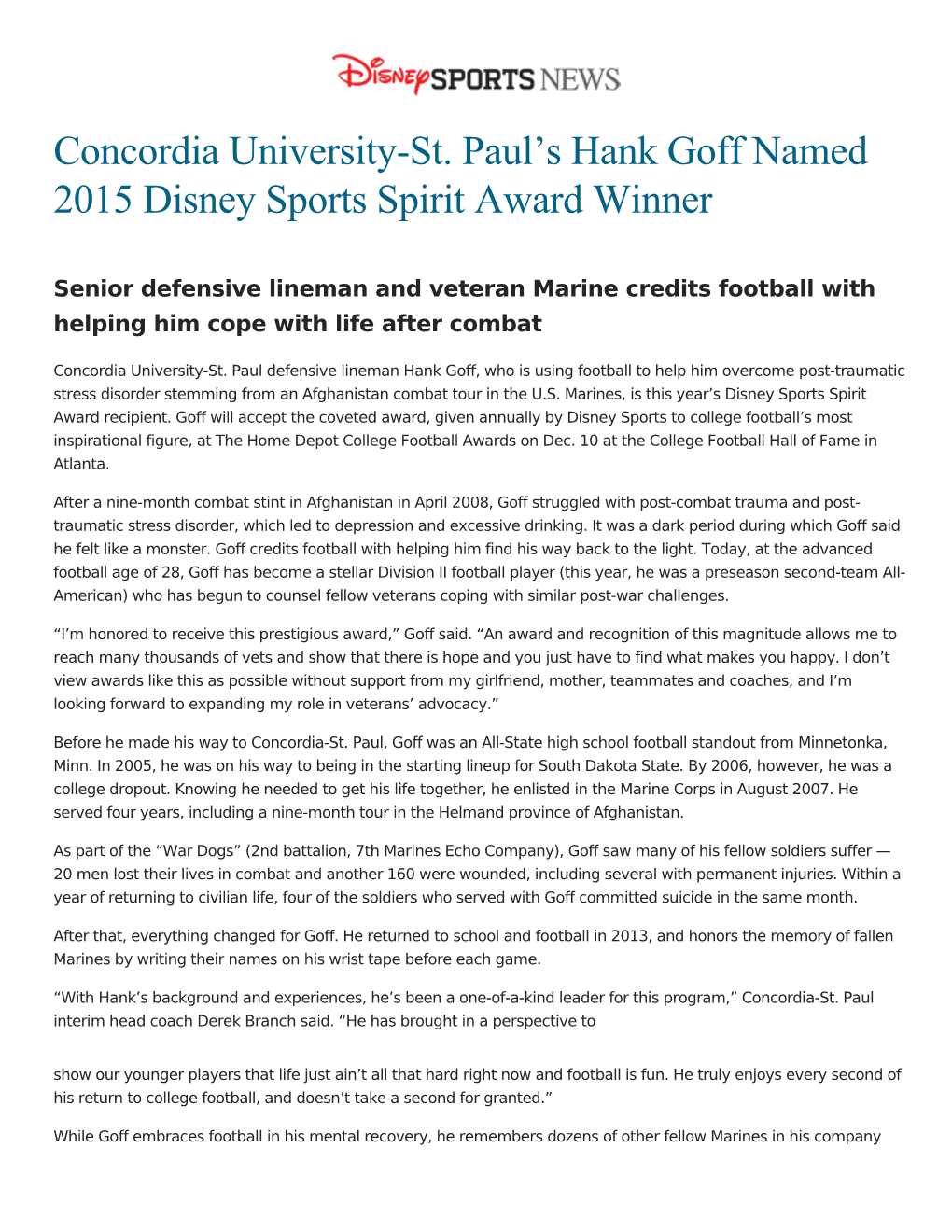Concordia University-St. Paul's Hank Goff Named 2015 Disney Sports