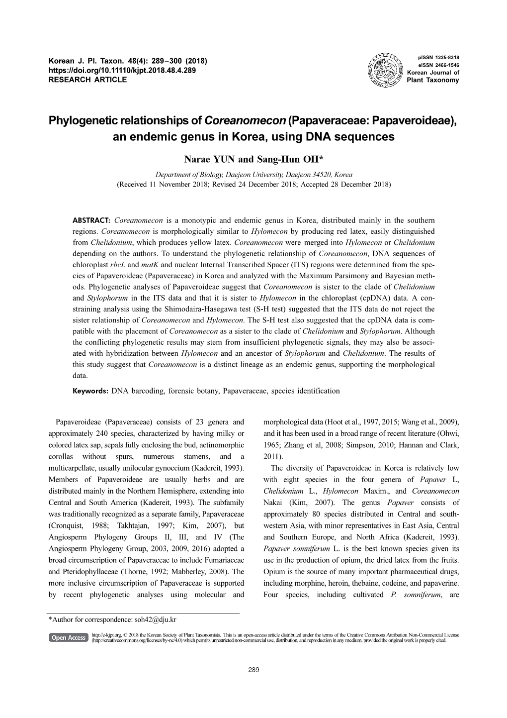 An Endemic Genus in Korea, Using DNA Sequences