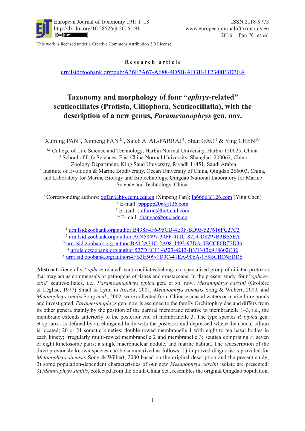 Scuticociliates (Protista, Ciliophora, Scuticociliatia), with the Description of a New Genus, Paramesanophrys Gen