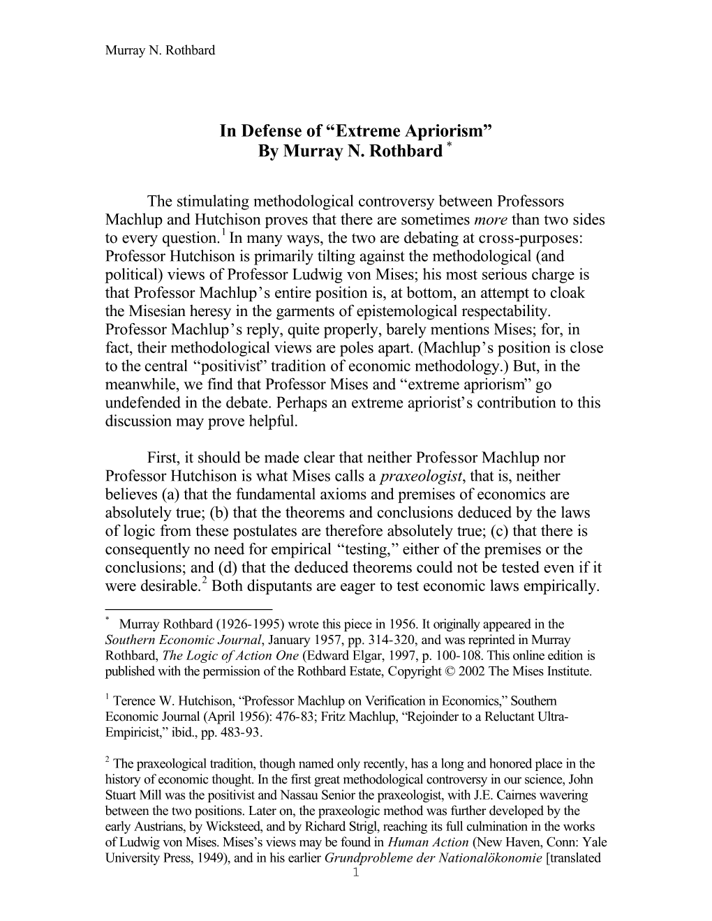 In Defense of “Extreme Apriorism” by Murray N. Rothbard *