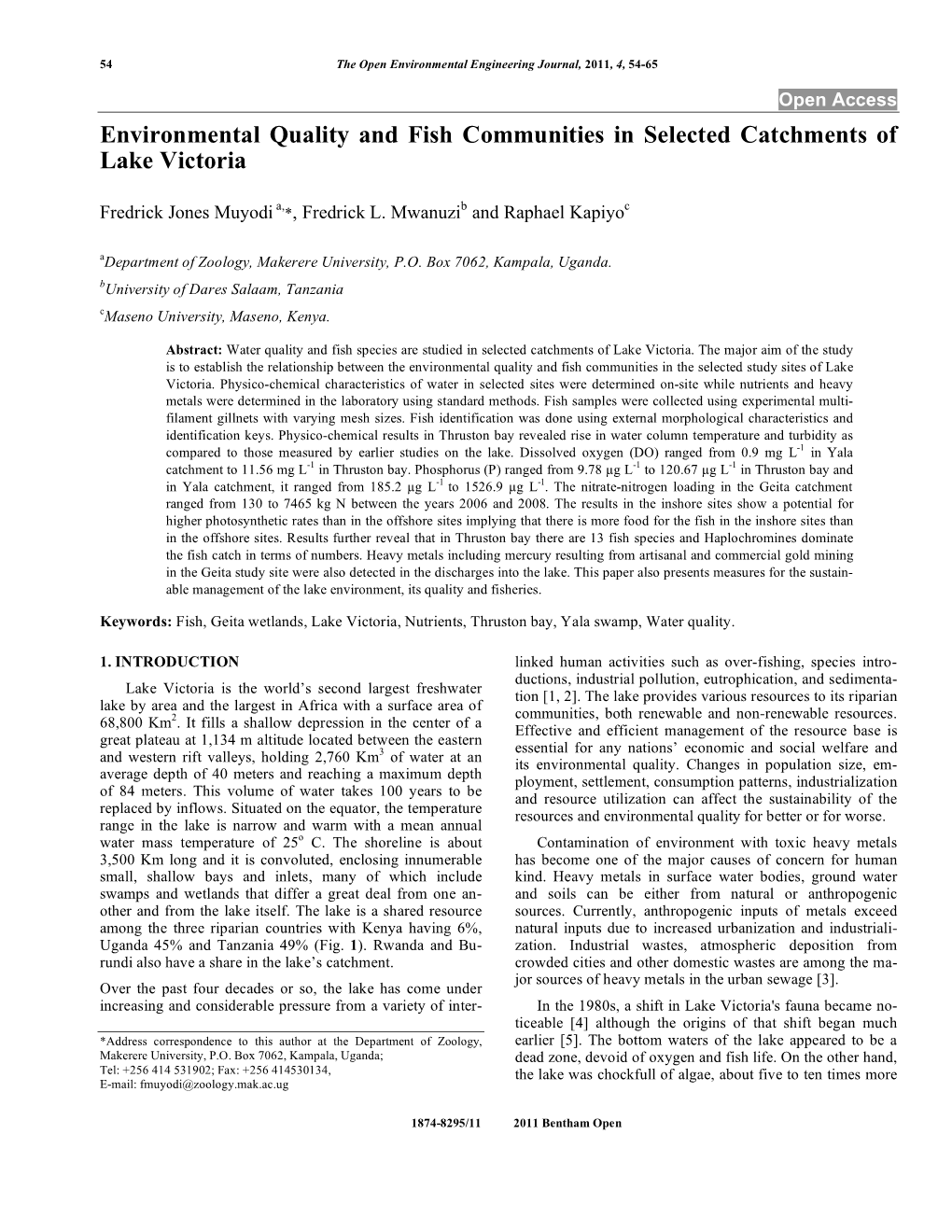 Environmental Quality and Fish Communities in Selected Catchments of Lake Victoria