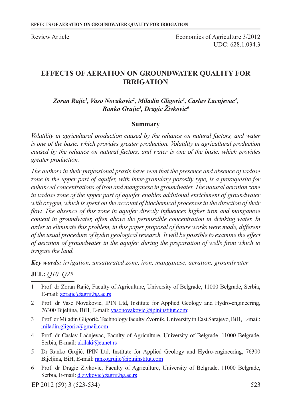 Effects of Aeration on Groundwater Quality for Irrigation