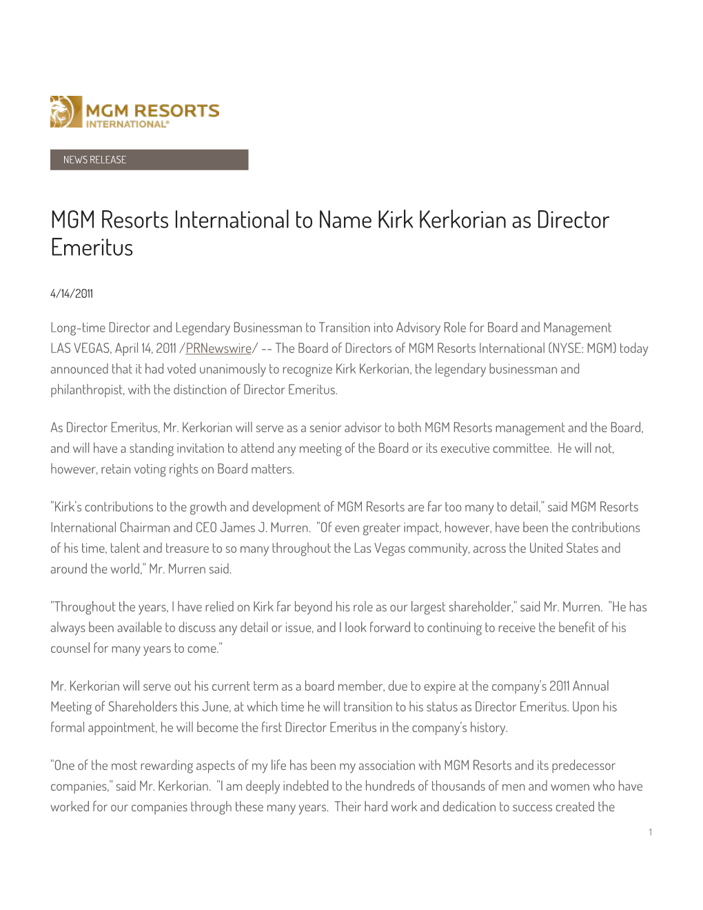 MGM Resorts International to Name Kirk Kerkorian As Director Emeritus