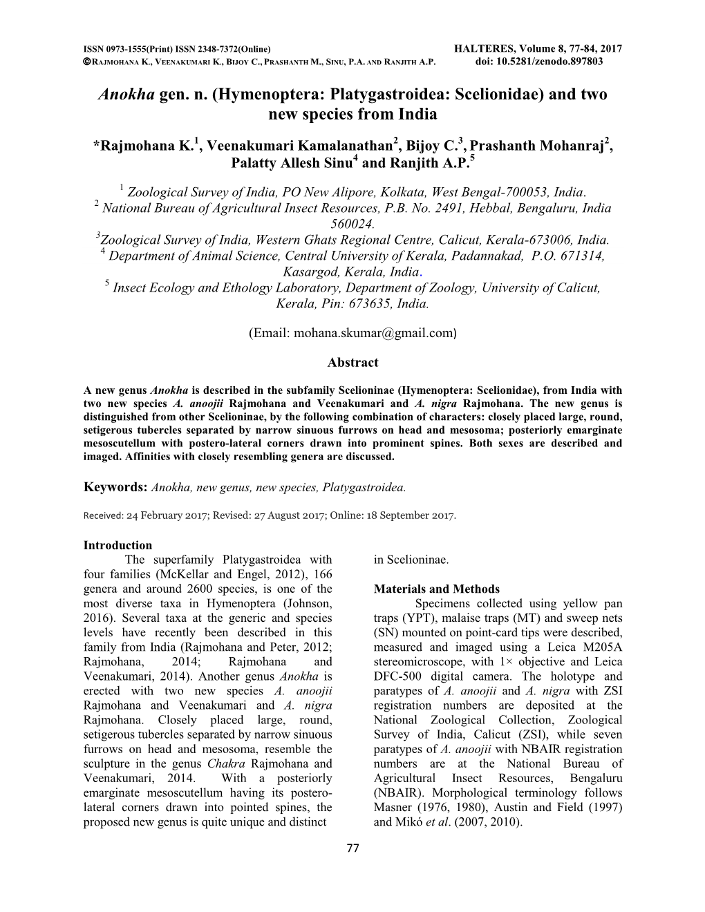 Anokha Gen. N. (Hymenoptera: Platygastroidea: Scelionidae) and Two New Species from India