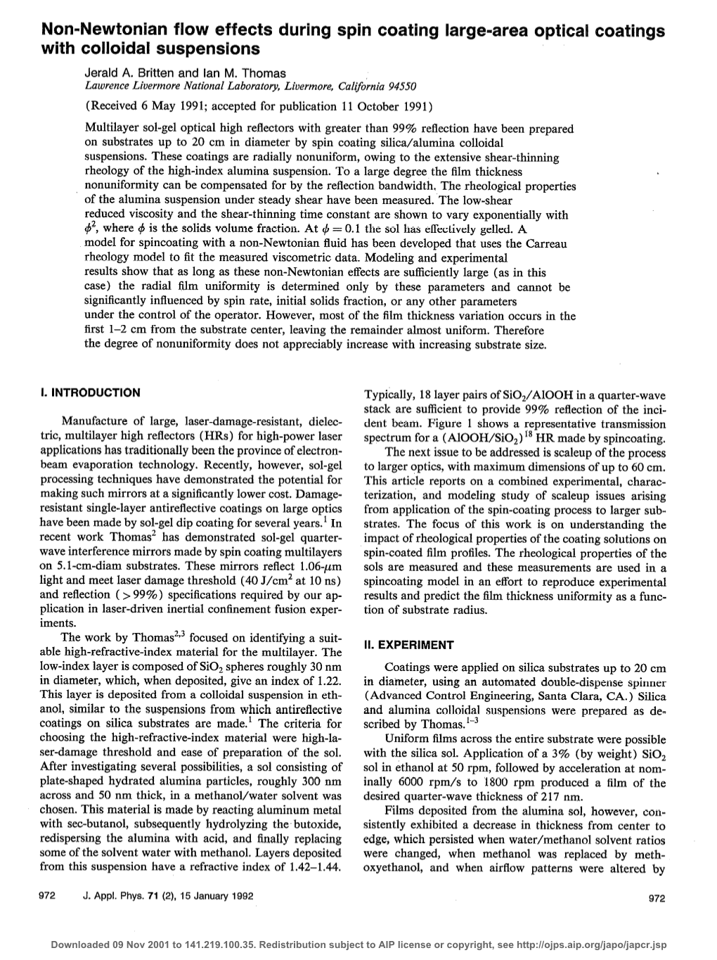 Non-Newtonian Flow Effects During Spin Coating Large-Area Optical Coatings with Colloidal Suspensions Jerald A