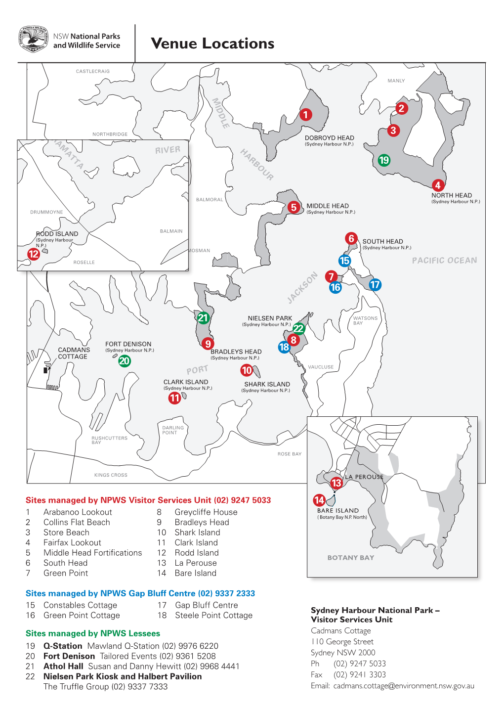 Venue Locations Map, Sydney Harbour National Park