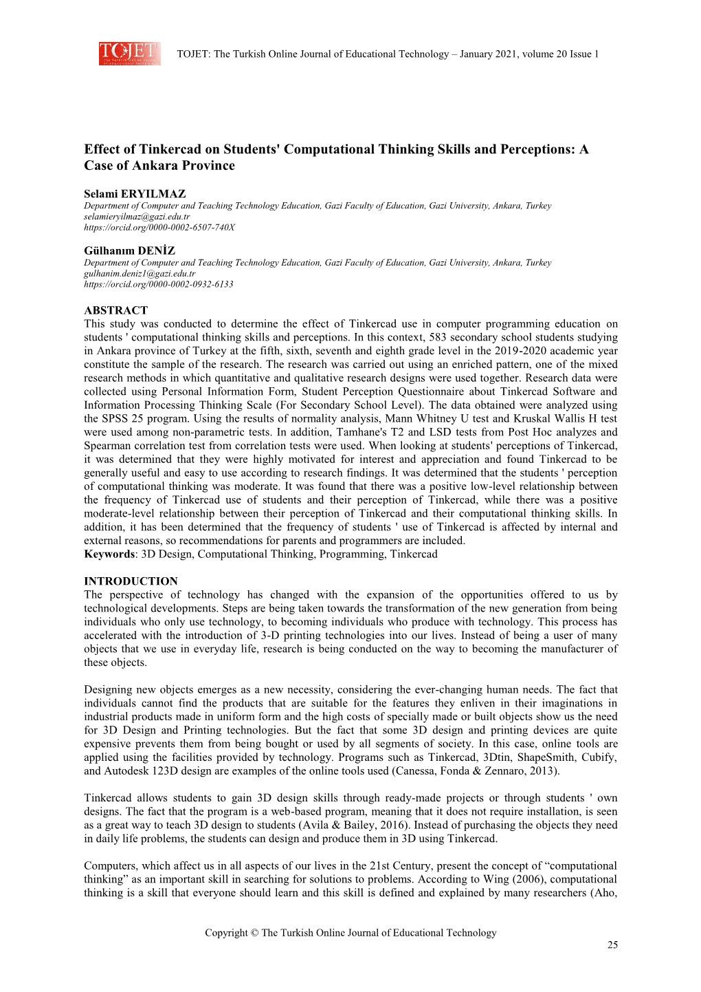 Effect of Tinkercad on Students' Computational Thinking Skills and Perceptions: a Case of Ankara Province