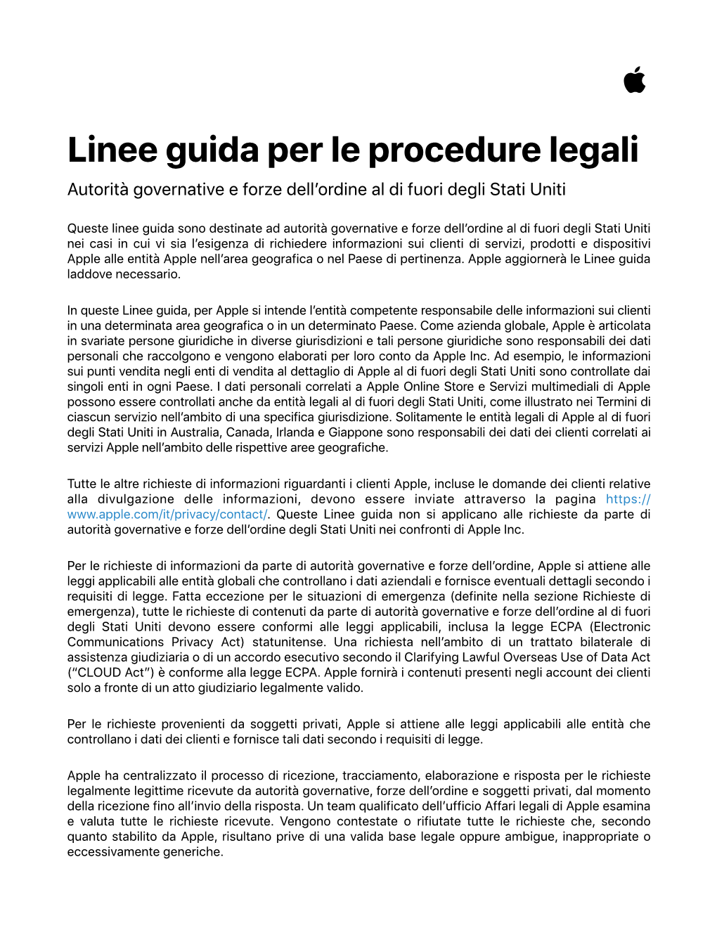 Linee Guida Per Le Procedure Legali Autorità Governative E Forze Dell’Ordine Al Di Fuori Degli Stati Uniti