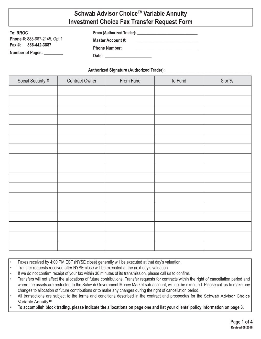 Schwab Advisor Choicetm Variable Annuity Investment Choice Fax Transfer Request Form