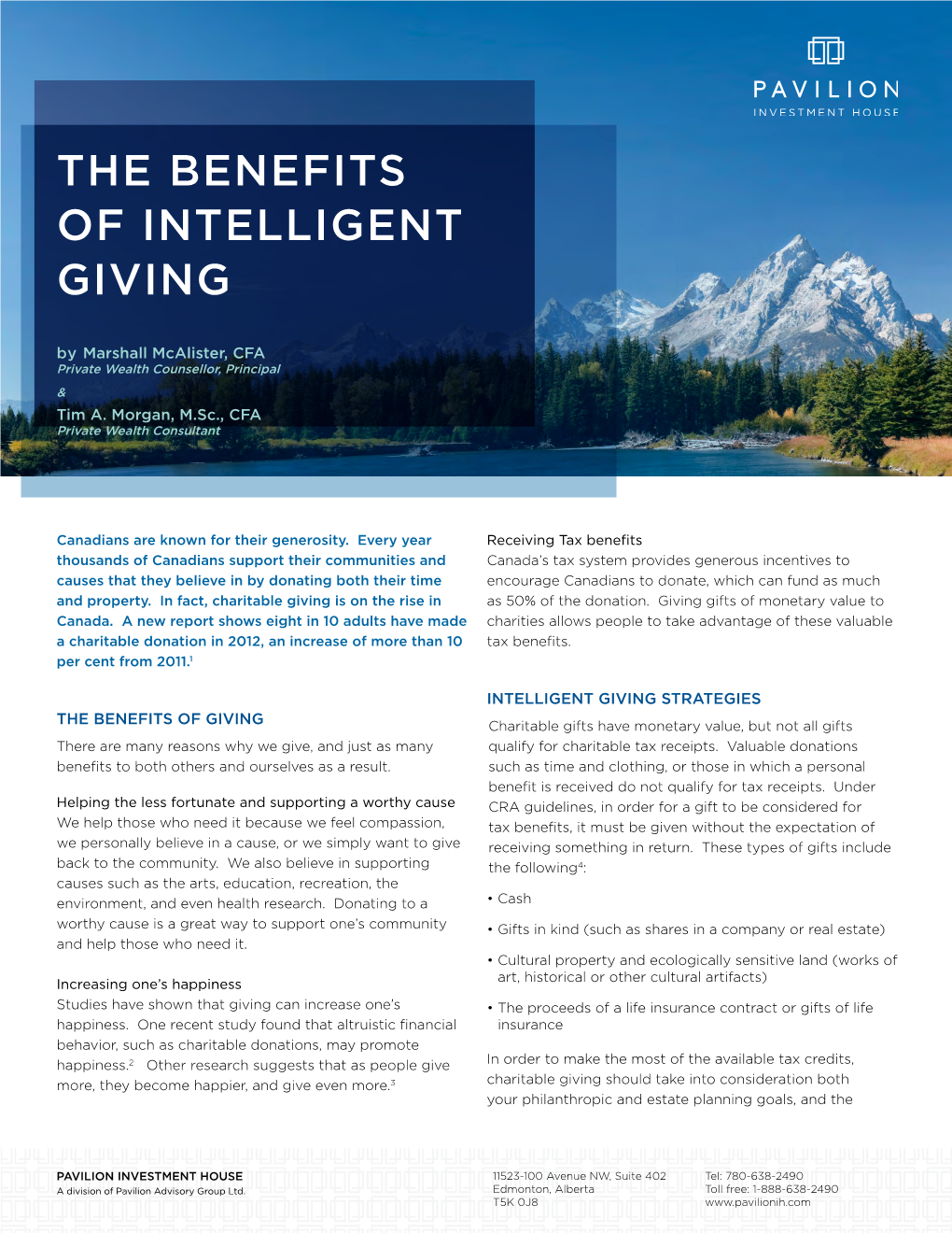 The Benefits of Intelligent Giving by Marshall Mcalister, CFA Private Wealth Counsellor, Principal & Tim A