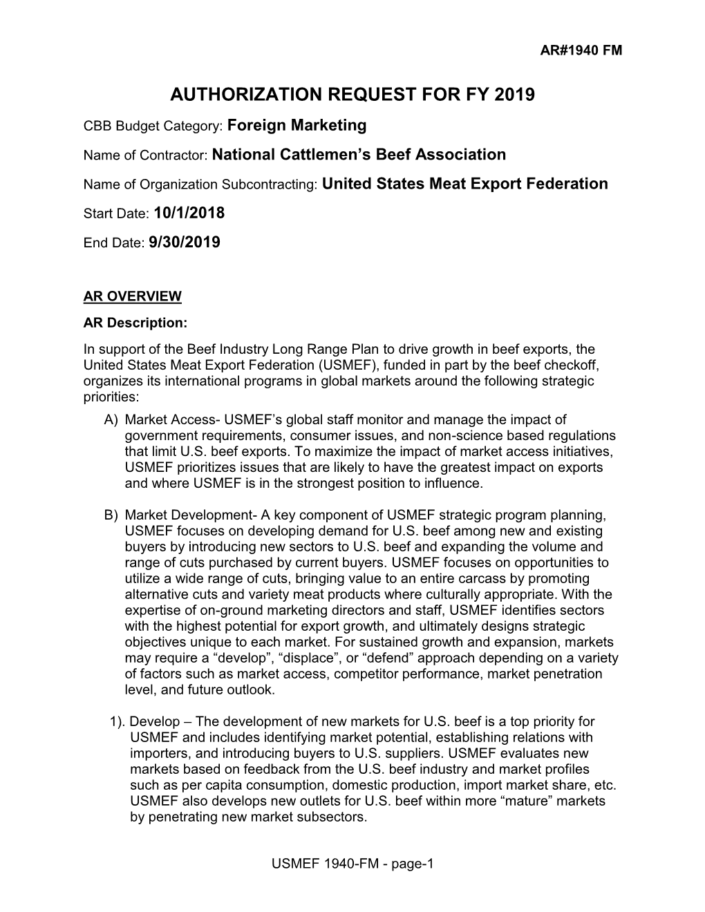 Authorization Request for Fy 2019
