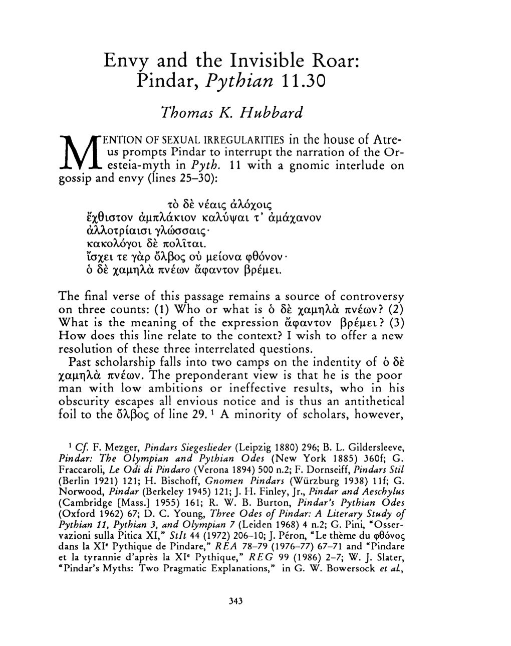 Envy and the Invisible Roar: Pindar, Pythian 11.30 Thomas K