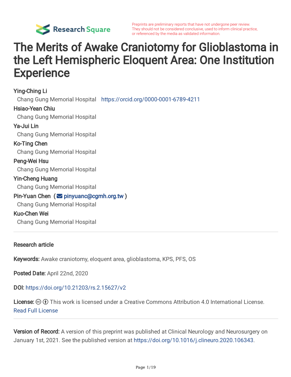 The Merits of Awake Craniotomy for Glioblastoma in the Left Hemispheric Eloquent Area: One Institution Experience