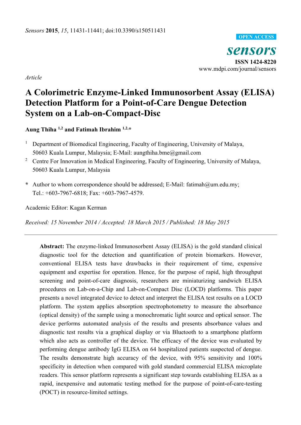 A Colorimetric Enzyme-Linked Immunosorbent Assay (ELISA) Detection Platform for a Point-Of-Care Dengue Detection System on a Lab-On-Compact-Disc