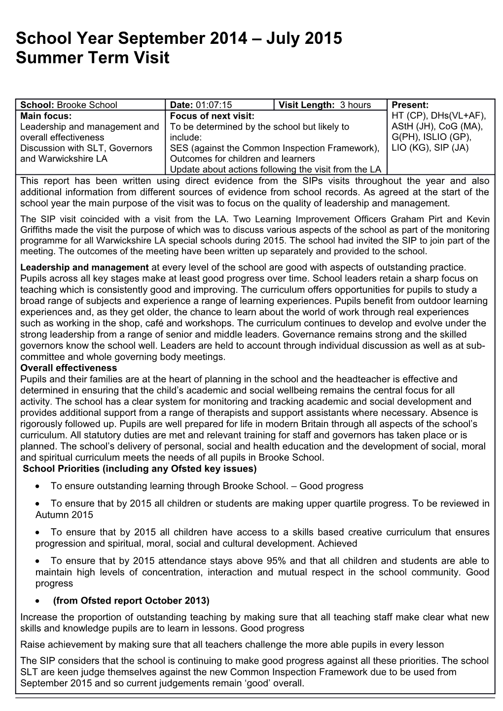 School Improvement Partner Report Autumn 2014/Summer 2015