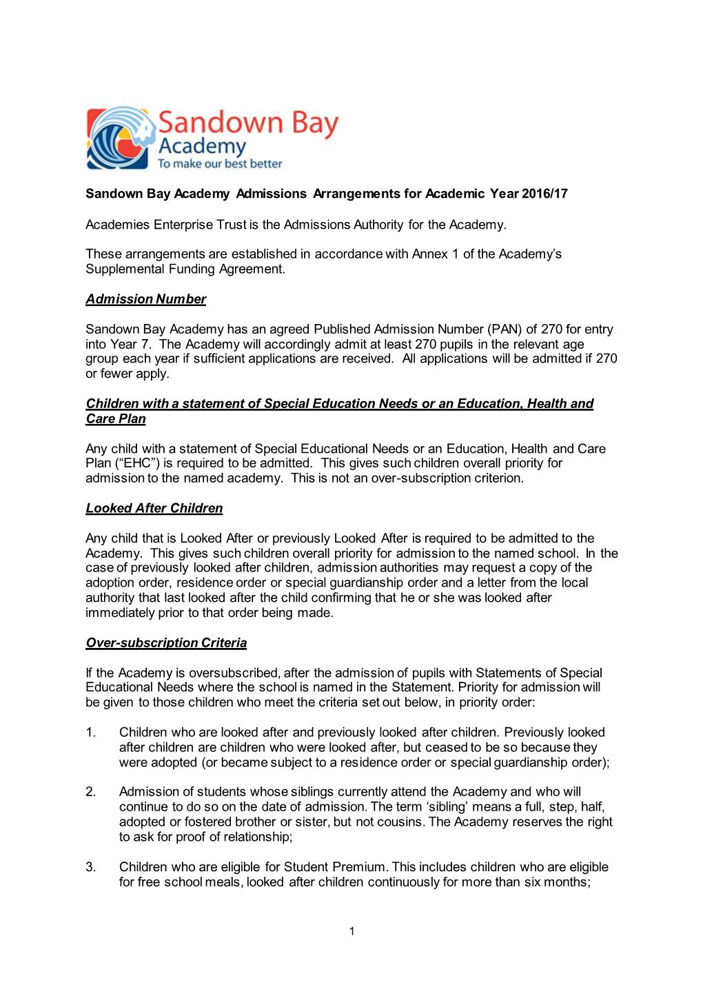 Admissions Policy 2016-17 Sandown Bay Academy