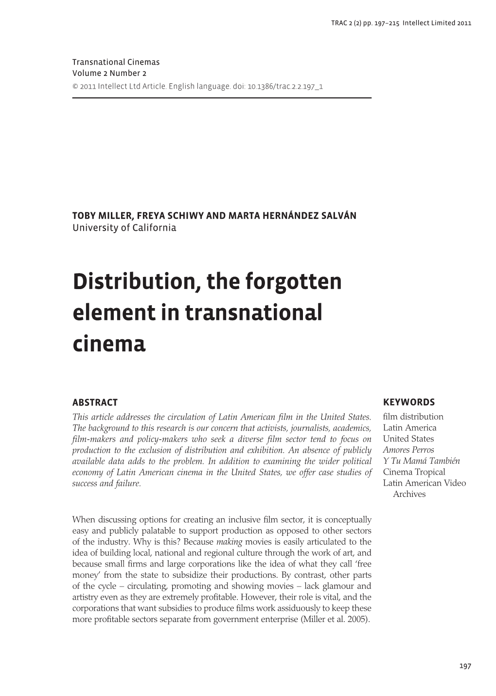 Distribution, the Forgotten Element in Transnational Cinema