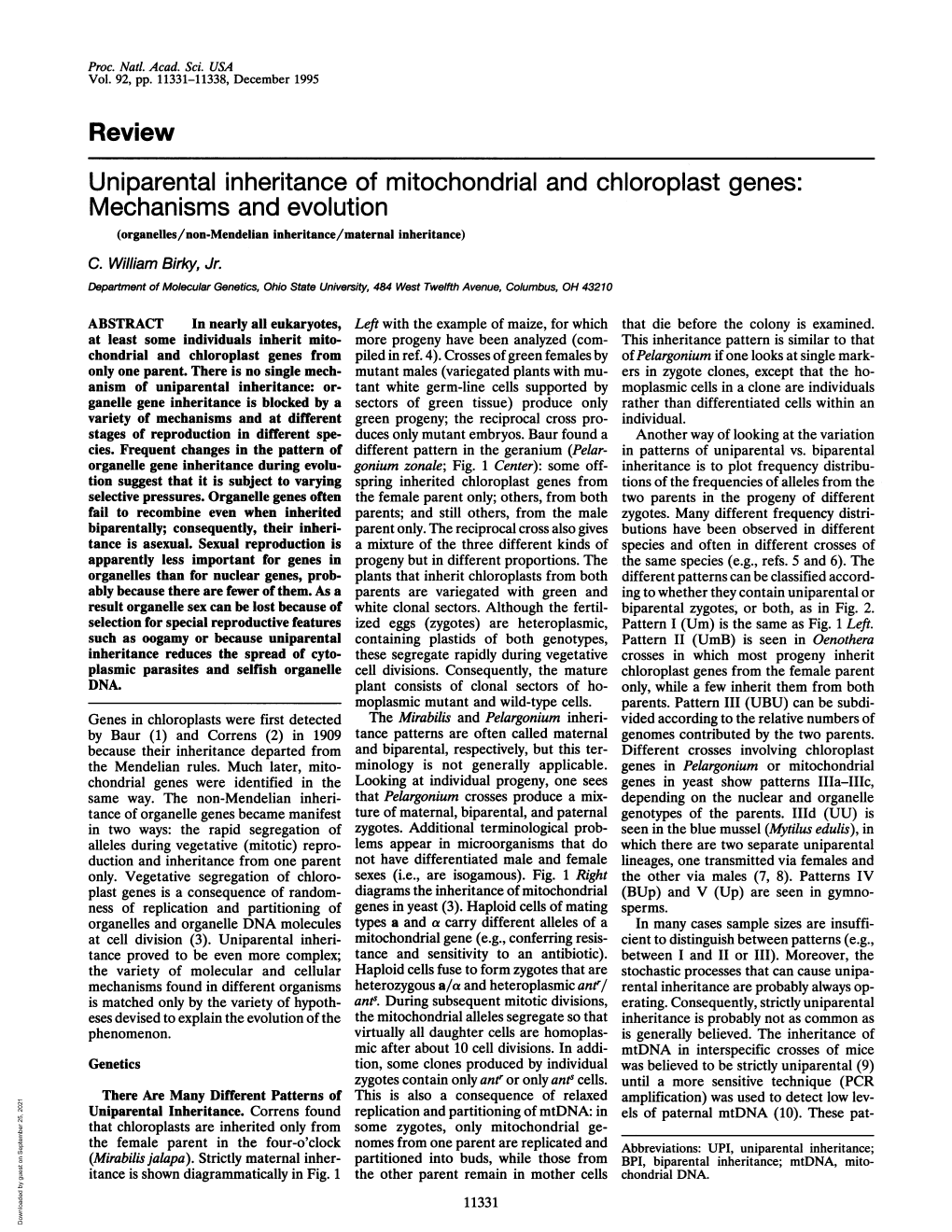 Review Uniparental Inheritance of Mitochondrial and Chloroplast Genes: Mechanisms and Evolution (Organelles/Non-Mendelian Inheritance/Maternal Inheritance) C