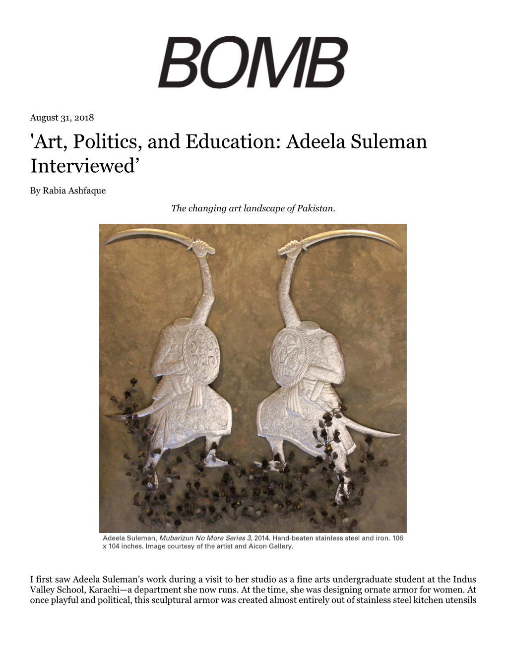 'Art, Politics, and Education: Adeela Suleman Interviewed'
