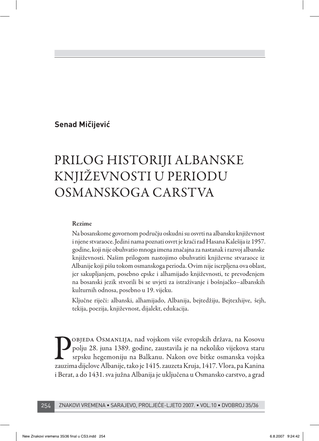 Prilog Historiji Albanske Književnosti U Periodu Osmanskoga Carstva