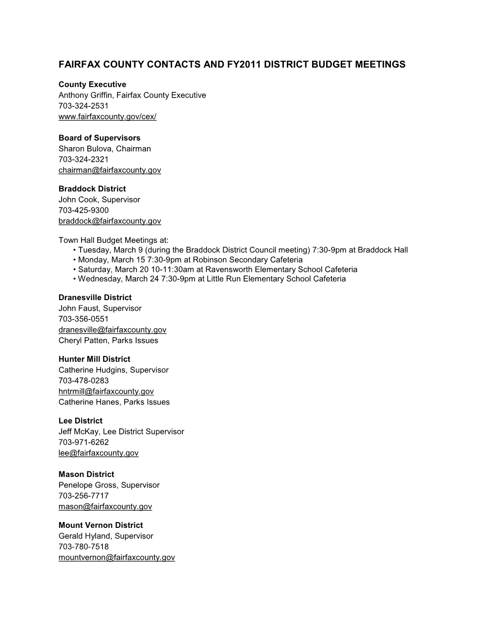 Fairfax County Contacts and Fy2011 District Budget Meetings