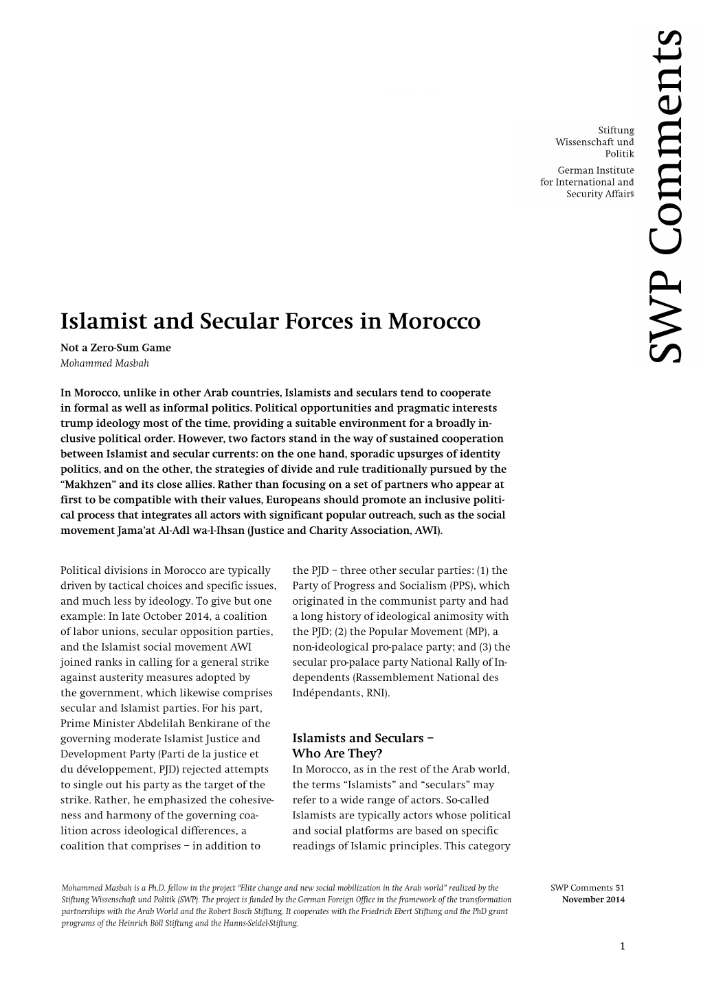 Islamist and Secular Forces in Morocco WP Not a Zero-Sum Game