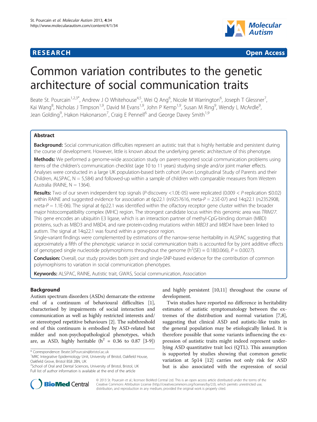 Common Variation Contributes to the Genetic Architecture of Social Communication Traits Beate St