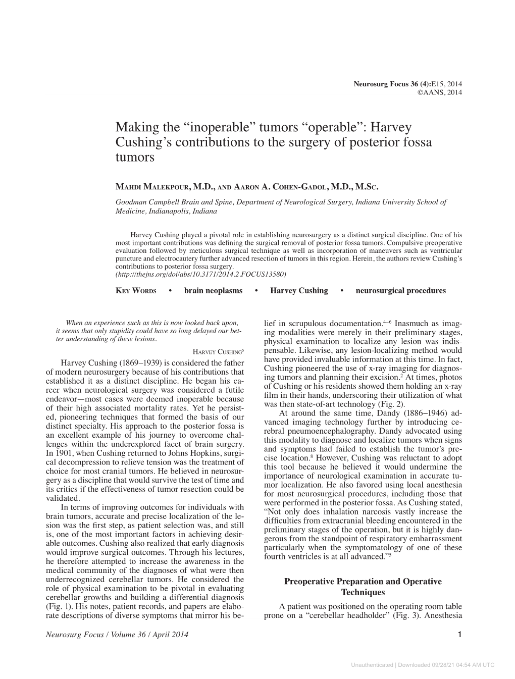Harvey Cushing's Contributions to the Surgery of Posterior Fossa Tumors