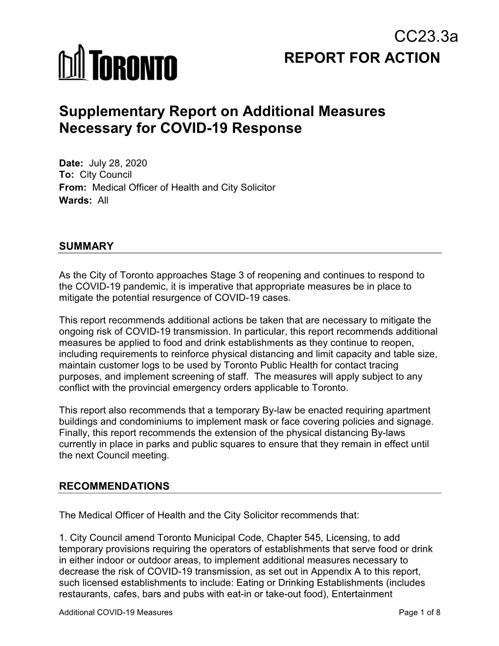 Supplementary Report on Additional Measures Necessary for COVID-19 Response