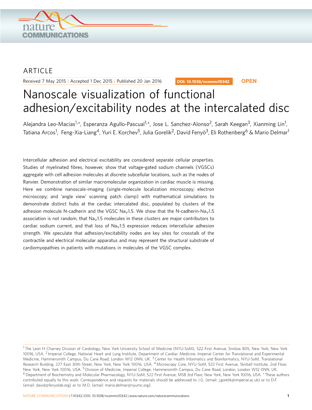 Nanoscale Visualization of Functional Adhesion/Excitability Nodes at the Intercalated Disc