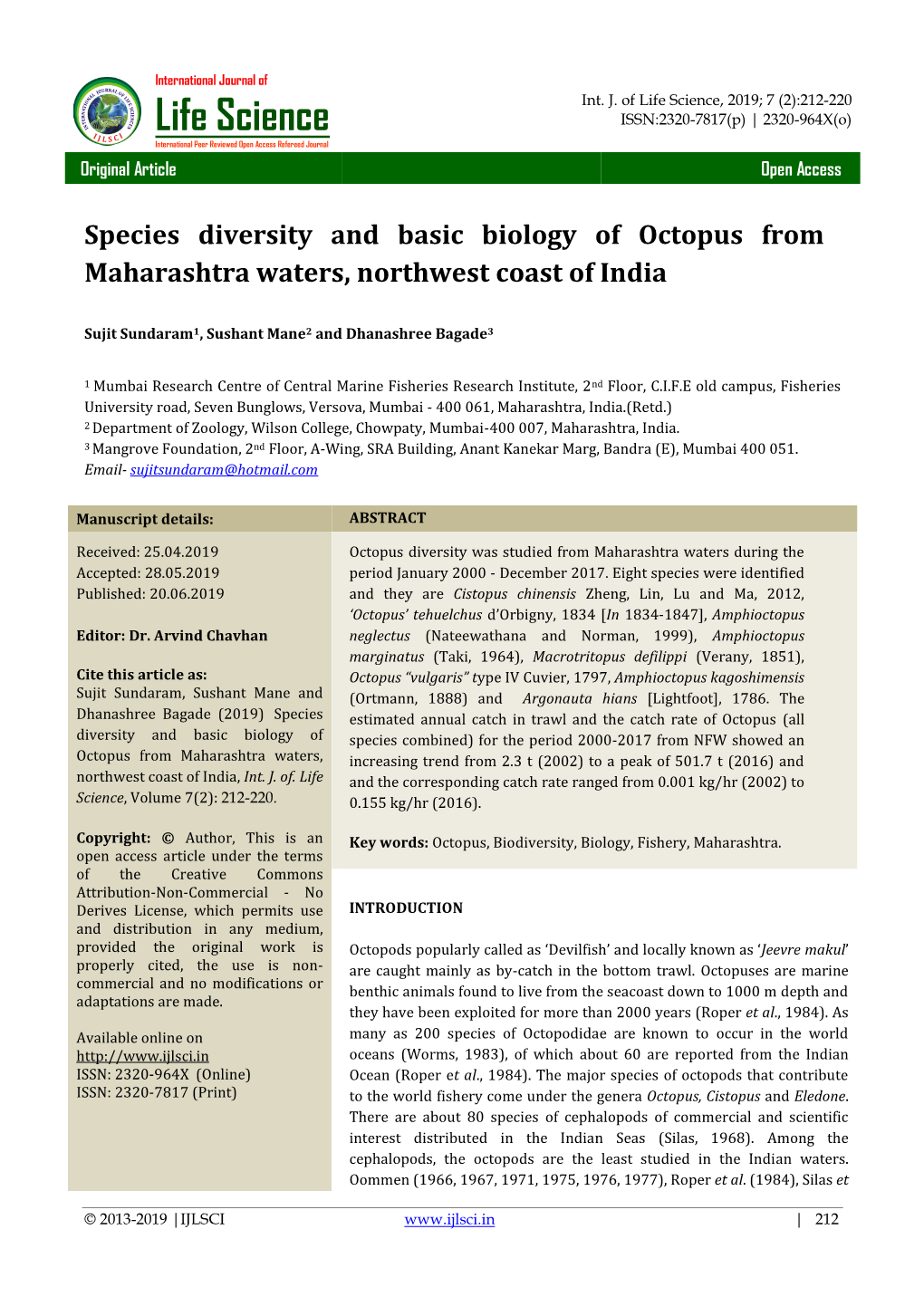 Species Diversity and Basic Biology of Octopus from Maharashtra Waters, Northwest Coast of India
