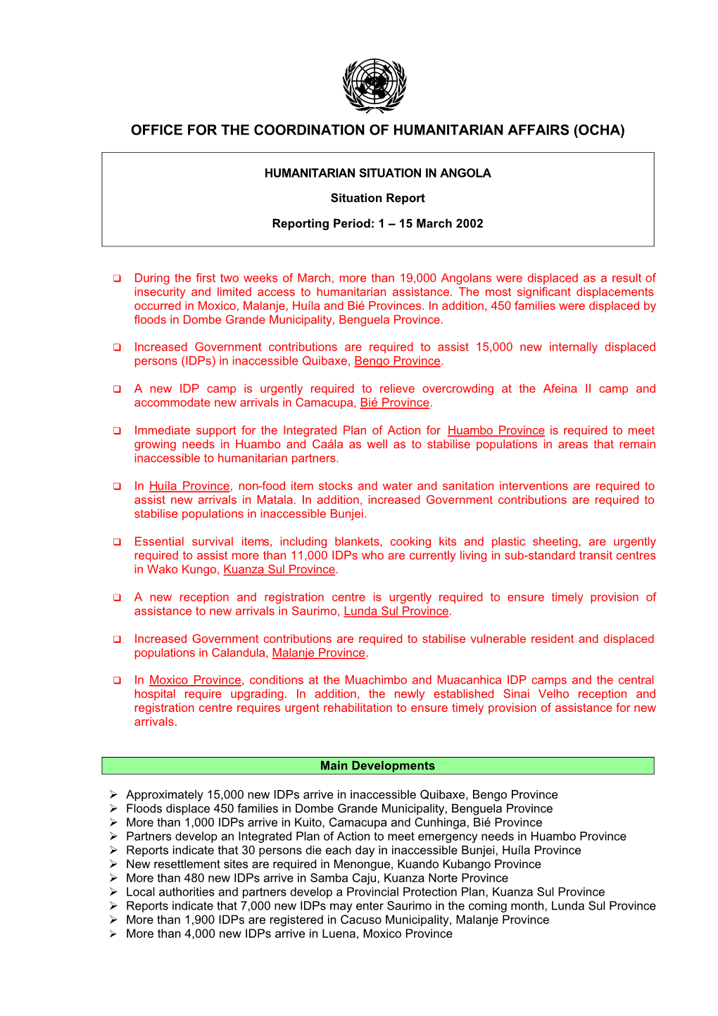 United Natio Office for the Coordination of Humanitarian Affairs (Ocha)