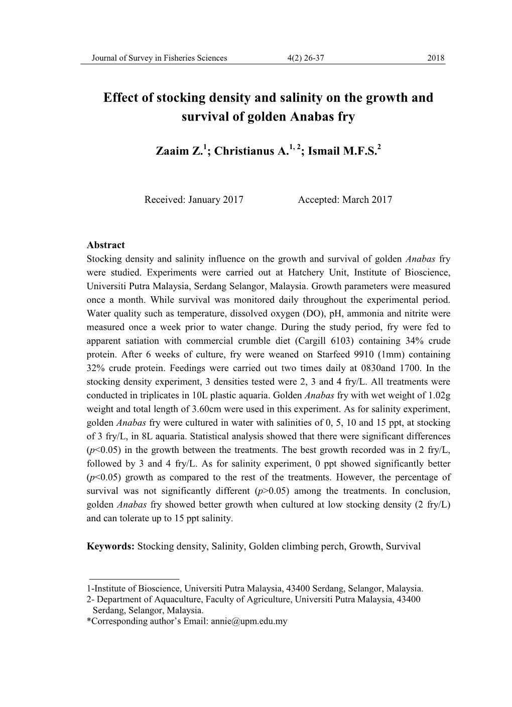 Effect of Stocking Density and Salinity on the Growth and Survival of Golden Anabas Fry