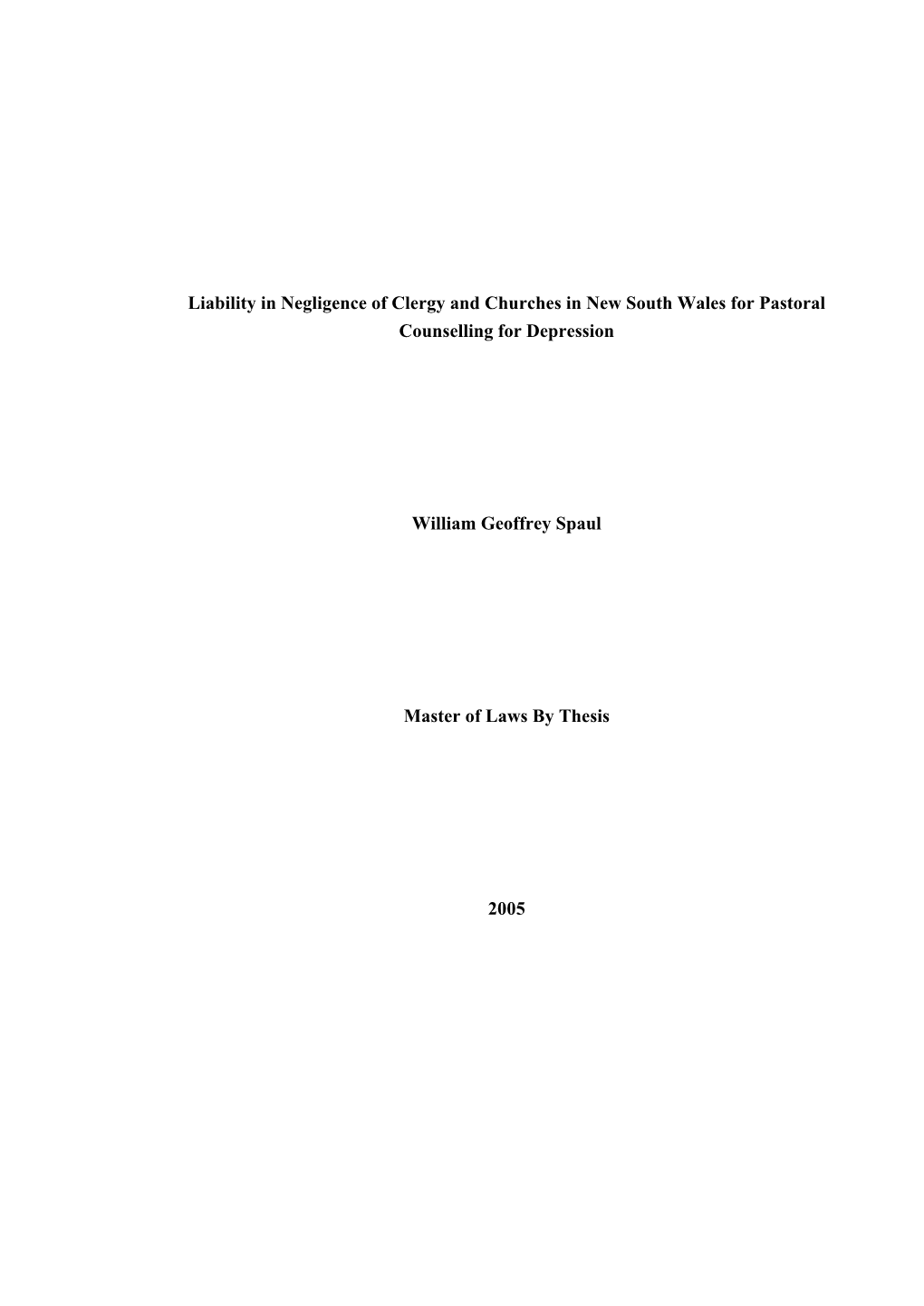 Liability in Negligence of Clergy and Churches in New South Wales for Pastoral Counselling for Depression