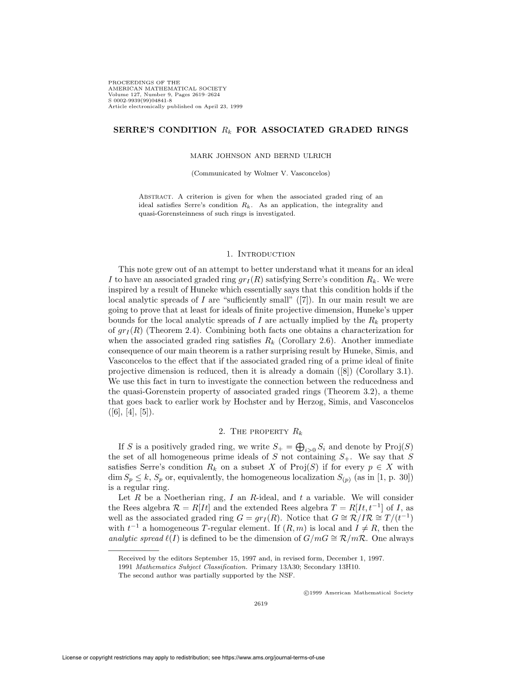 SERRE's CONDITION Rk for ASSOCIATED GRADED RINGS