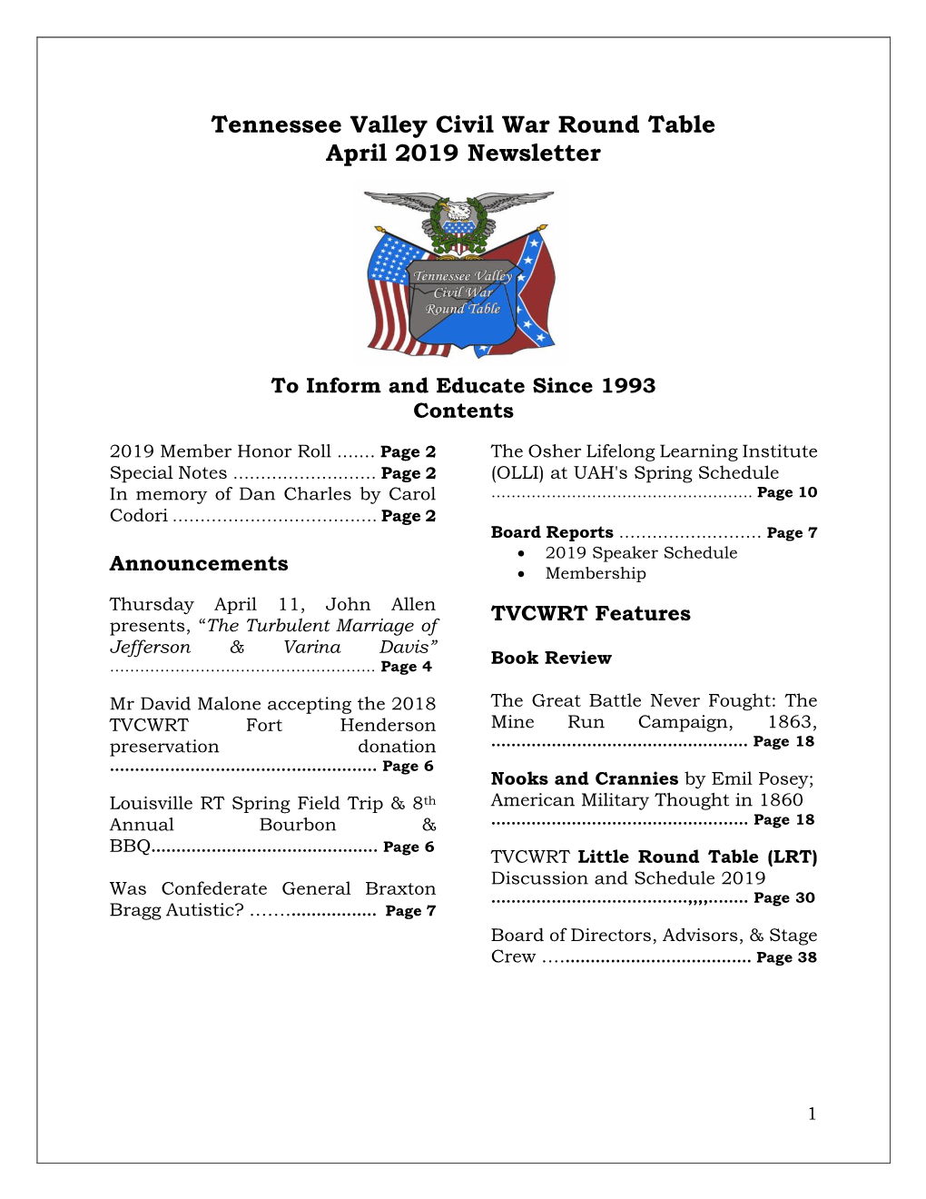 Tennessee Valley Civil War Round Table April 2019 Newsletter