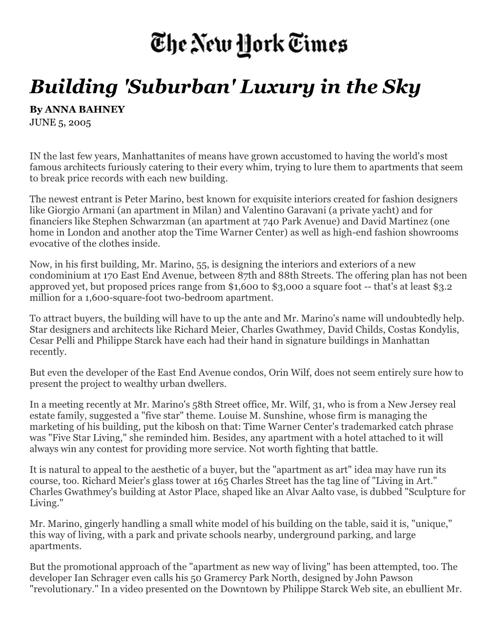 Building 'Suburban' Luxury in the Sky by ANNA BAHNEY JUNE 5, 2005