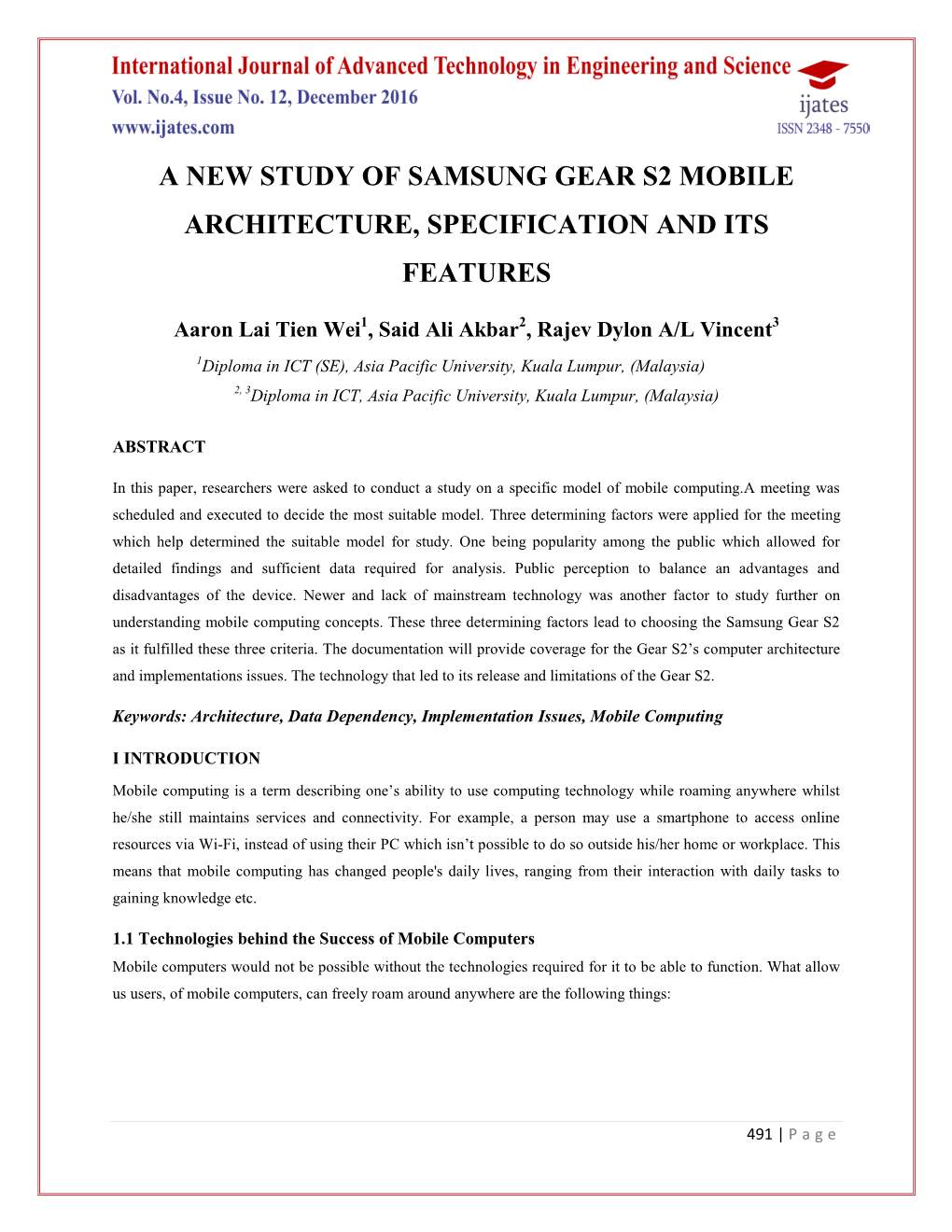 A New Study of Samsung Gear S2 Mobile Architecture, Specification and Its Features