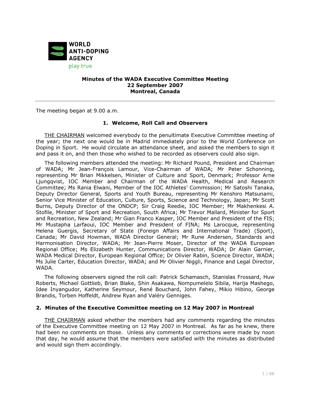 Minutes of the WADA Executive Committee Meeting 22 September 2007 Montreal, Canada