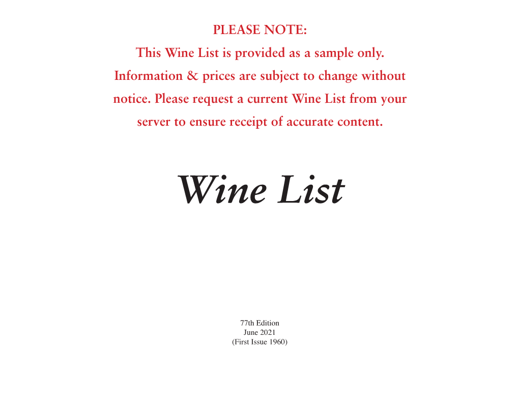 Wine List Is Provided As a Sample Only