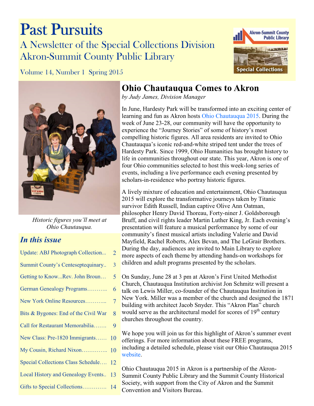 Past Pursuits a Newsletter of the Special Collections Division Akron-Summit County Public Library