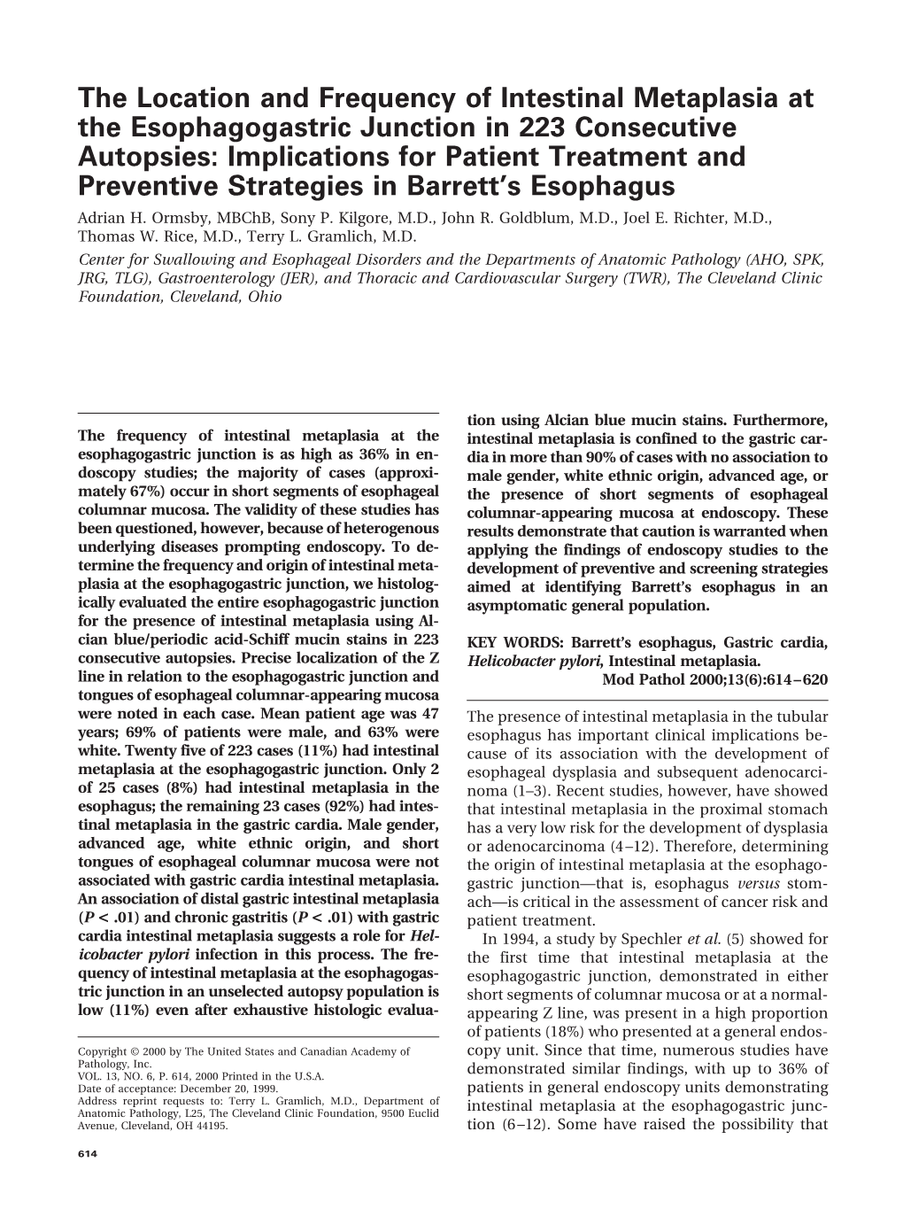 The Location and Frequency of Intestinal Metaplasia at The