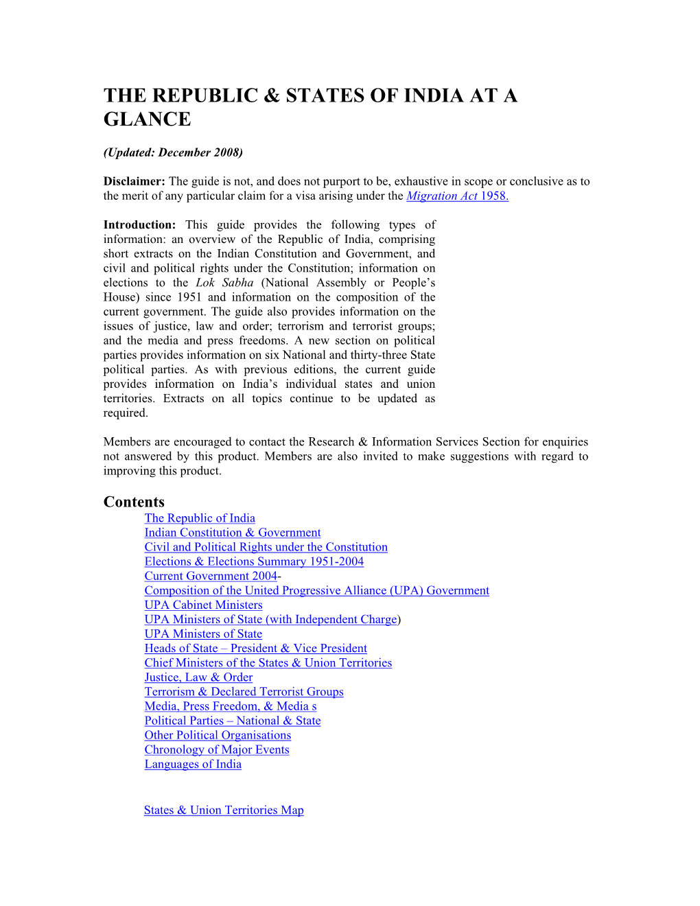 The Republic & States of India at a Glance