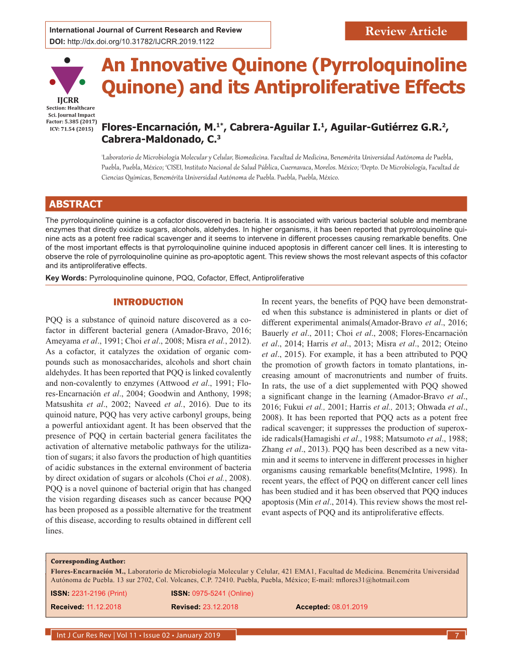 (Pyrroloquinoline Quinone) and Its Antiproliferative Effects IJCRR Section: Healthcare Sci