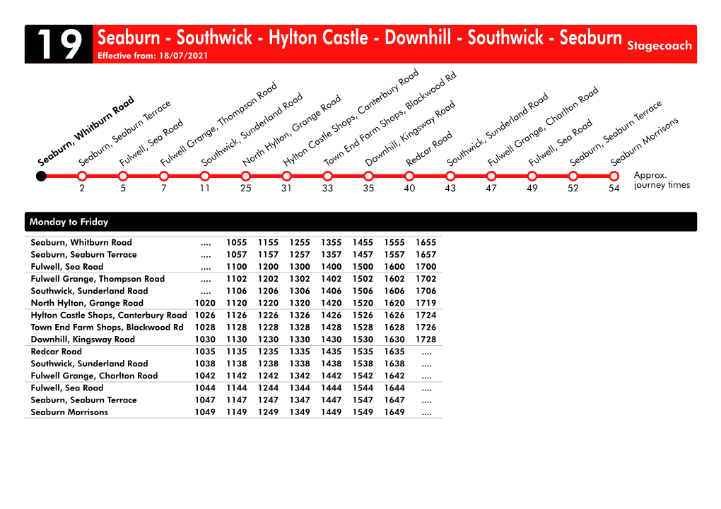 Seaburn - Southwick - Hylton Castle - Downhill - Southwick - Seaburn Stagecoach 19 Effective From: 18/07/2021