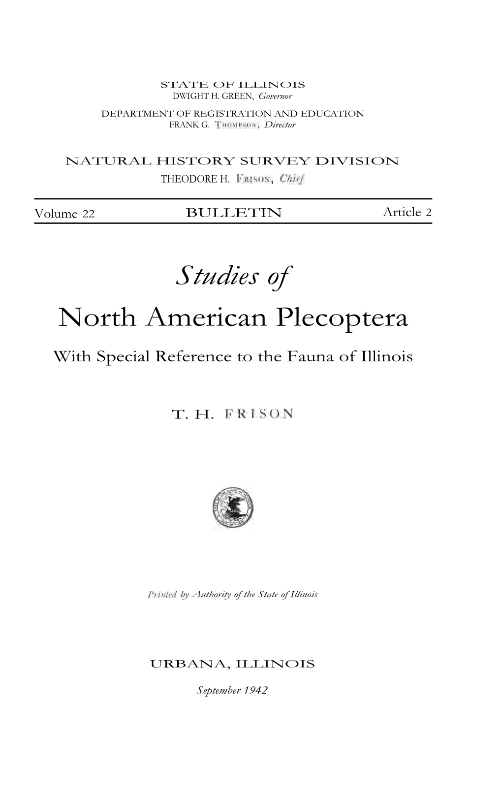 Studies of North American Plecoptera with Special Reference to the Fauna of Illinois