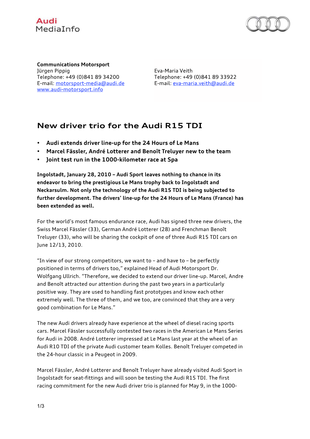 New Driver Trio for the Audi R15 TDI