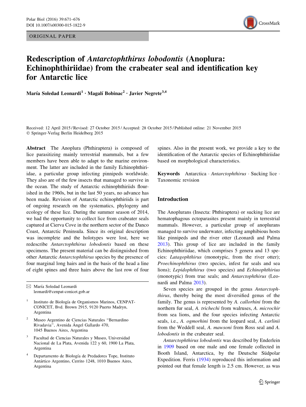 Redescription of Antarctophthirus Lobodontis (Anoplura: Echinophthiriidae) from the Crabeater Seal and Identiﬁcation Key for Antarctic Lice
