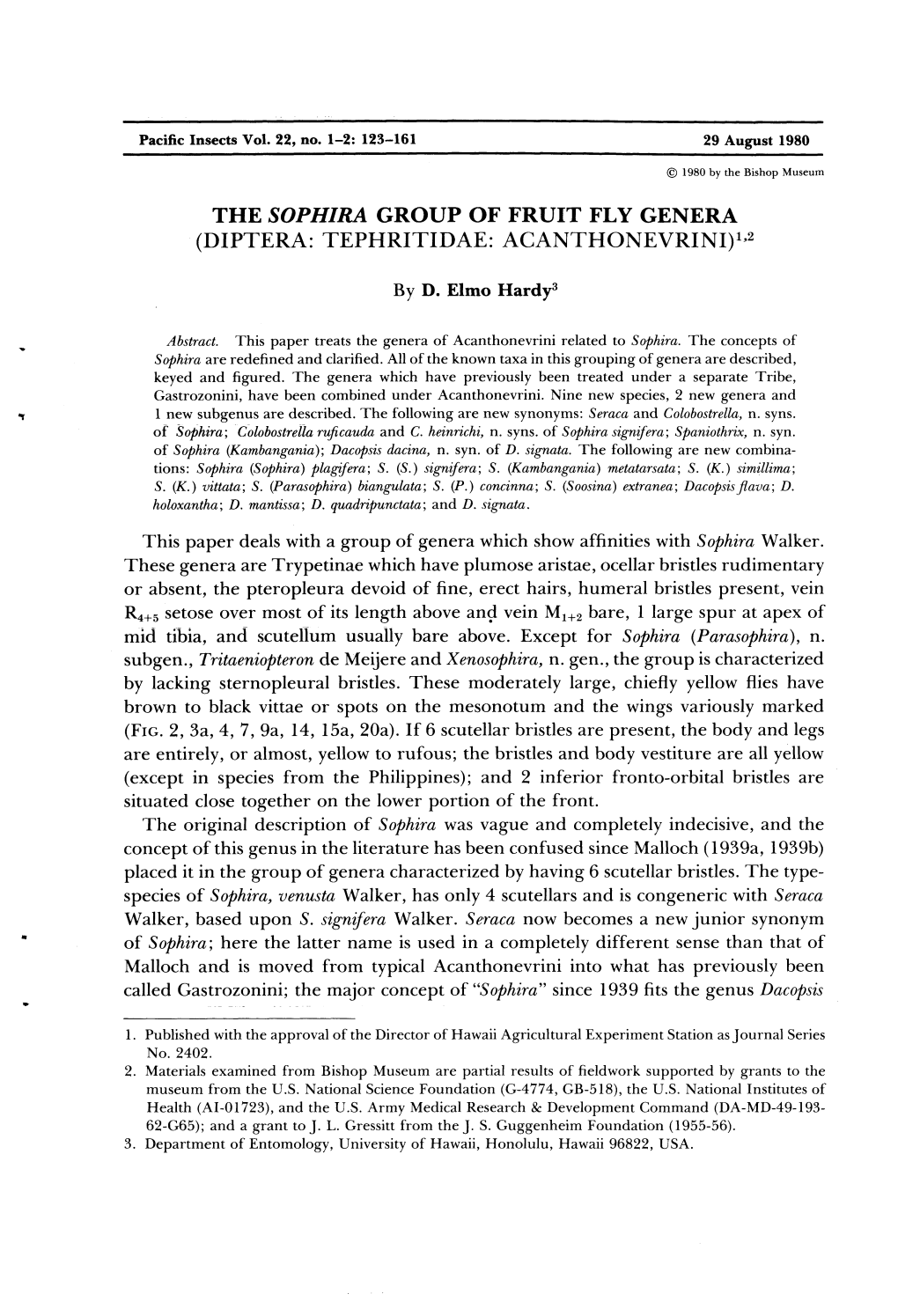 The Sophira Group of Fruit Fly Genera (Diptera: Tephritidae: Acanthonevrini)1-2